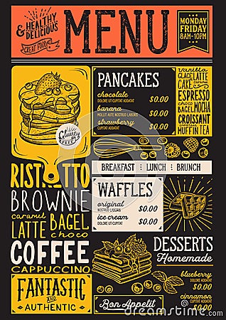 Waffles and crepes menu restaurant, food template. Vector Illustration