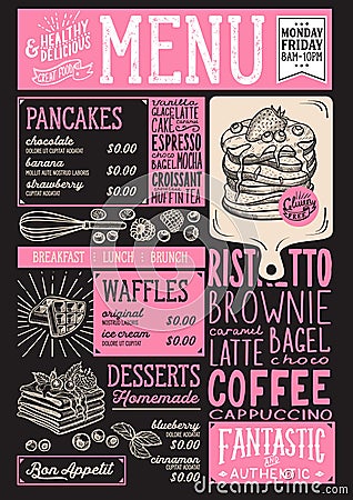 Waffles and crepes menu restaurant, food template. Vector Illustration