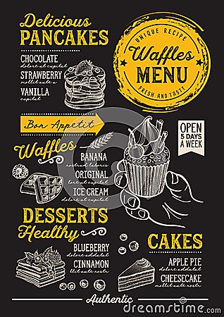 Waffles and crepes menu restaurant, food template. Vector Illustration