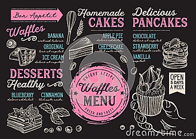 Waffles and crepes menu restaurant, food template. Vector Illustration