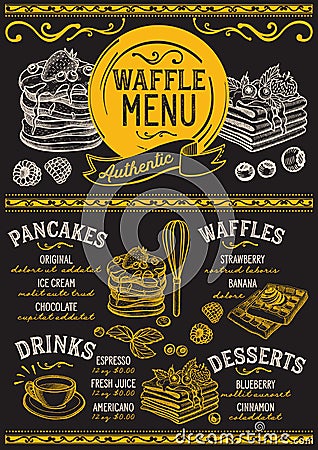 Waffles and crepes menu restaurant, food template. Vector Illustration