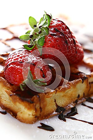 Waffles with fresh strawberry and jam Stock Photo