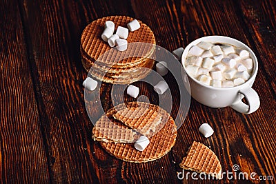 Waffles and Hot Cocoa with Marshmallow. Stock Photo