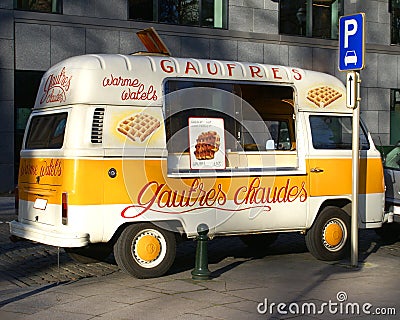 Waffles street vendor van in Brussels Editorial Stock Photo