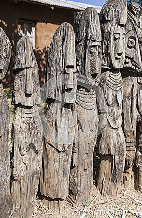 Waga - carved wooden grave markers. Arfaide (near Karat Konso). Ethiopia. Stock Photo