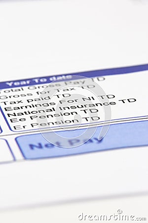 Wage pay slip showing pension, national insurance and tax earnings deductions. Stock Photo