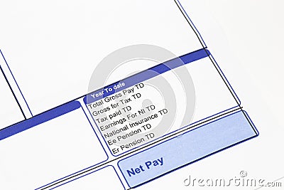 Wage pay slip showing pension, national insurance and tax earnings deductions. Stock Photo