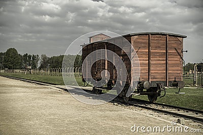 Wagon in concentration camp Auschwitz II - Birkenau, Poland Editorial Stock Photo