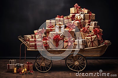 A wagon filled to the brim with an abundance of beautifully wrapped presents, ready to be unwrapped with joy, Charming view of a Stock Photo