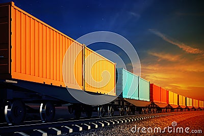 Wagon of freight train with containers on the sky background Cartoon Illustration