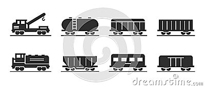 Wagon and locomotive icons. train, repair train and railway freight cars Vector Illustration