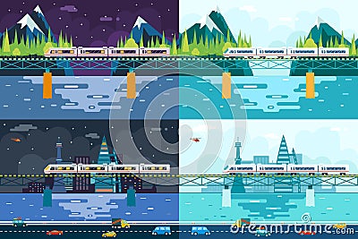 Wagons on Bridge over River Tourism and Journey Vector Illustration