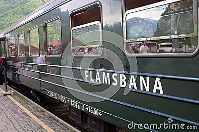 Wagons of the famous Flamsbana railroad, Flam, Norway Editorial Stock Photo