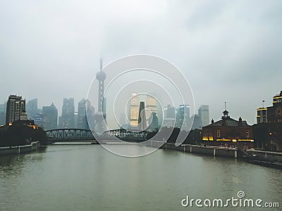 Waibaidu Bridge, Garden Bridge in Shanghai China .cityscape in cinematic IG tone Editorial Stock Photo