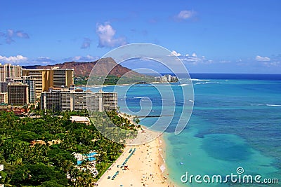 Waikiki Beach and Diamond Head in Hawaii Stock Photo