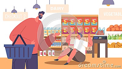 Wailing, Irate Child Character Caused A Commotion In Supermarket, Flailing About And Refusing To Listen To The Attempts Vector Illustration