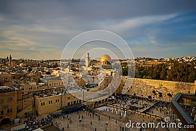 Wailing wall and Al Aqsa in Jerusalem, sunset view Stock Photo