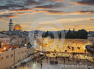 The wailing Wall and the Dome of the Rock in the Old city of Jerusalem at sunse Editorial Stock Photo