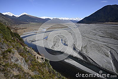 Waimakariri River Panorama with Snow on The Southern Alps, NZ Stock Photo