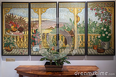 4 panel Polyptych painting at Parker Ranch headquarter domain, Waimea, Hawaii, USA Editorial Stock Photo