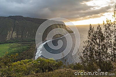 Waipio valley from clifftop at sunset, Big Island, Hawaii Stock Photo