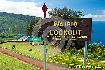 Waipio valley lookout sign on Hawaii Big Island Stock Photo