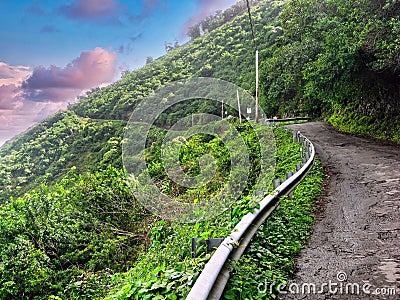 Waipio Valley Road, the steepest road in the USA leading down to Punaluu Black Sand Beach in Hawaii Stock Photo