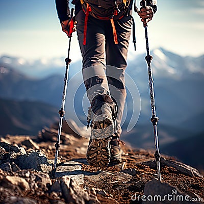 Waist down shoot of a hiker's sturdy boots tread a rugged mountain trail, symbolizing the spirit of exploration. Stock Photo