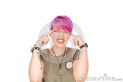 Stressed woman fingers on temple Stock Photo