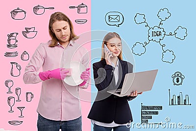 Waist up of young businesswoman and housewife man Stock Photo