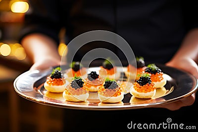Waiter with appetizers with red and black caviar on plate close-up. Celebration event, party or wedding reception Stock Photo