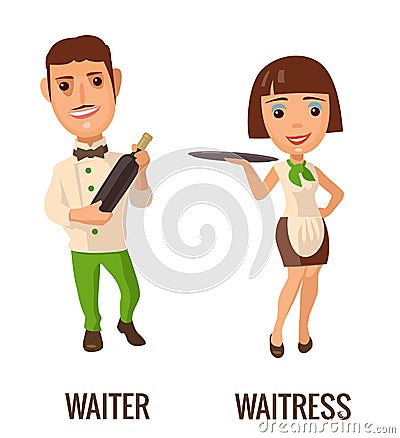 Waiter with bottle wine. Waitress with tray. Vector flat illustration isolated on white background. Vector Illustration