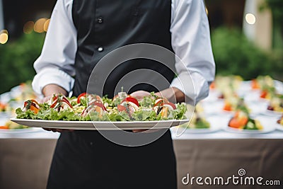 Waiter carrying a plate of food on some festive event, party or wedding reception Stock Photo