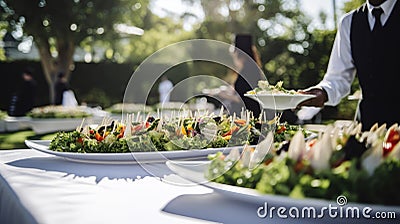 Waiter carrying a plate of food on some festive event, party or wedding reception Stock Photo