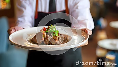 Waiter carrying plates with meat dish Stock Photo