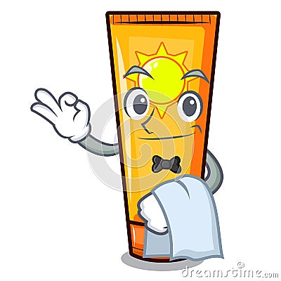 Waiter cartoon sun cream in bag makeup Vector Illustration