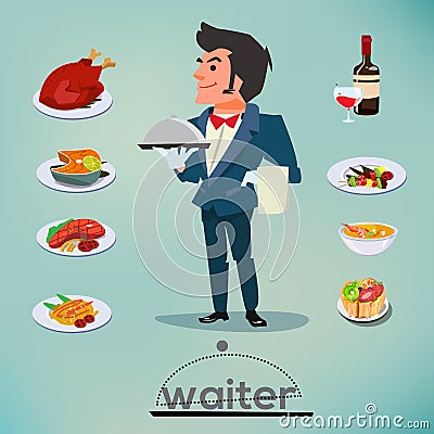 Waiter character design with food and drink set - vector Vector Illustration