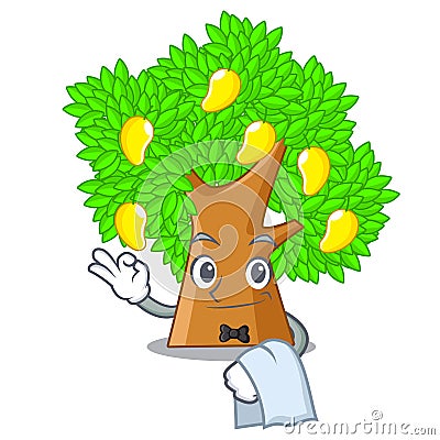 Waiter character mango tree beside the house Vector Illustration