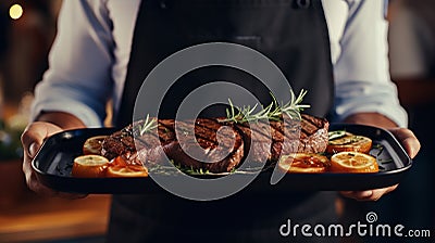 waiter cook holds in his hands a dish of meat steak fried Stock Photo