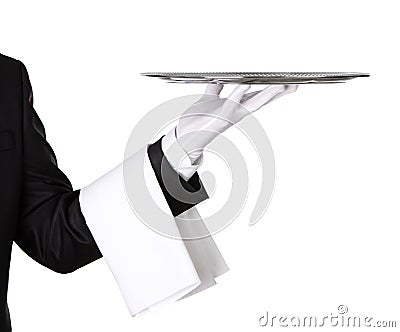 Waiter with empty silver tray Stock Photo