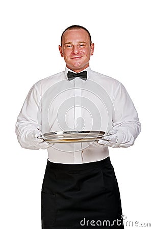 Waiter in gloves holding tray, isolated. Stock Photo