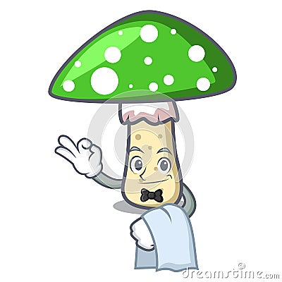 Waiter green amanita mushroom mascot cartoon Vector Illustration