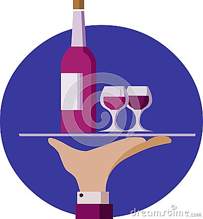 Waiter hand hold a tray with wine bottle Vector Illustration