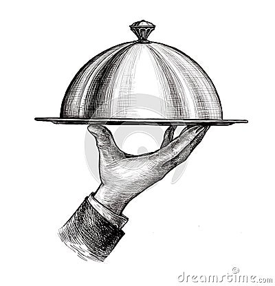 Waiter hand holding cloche serving plate. Vintage sketch isolated on white background Stock Photo