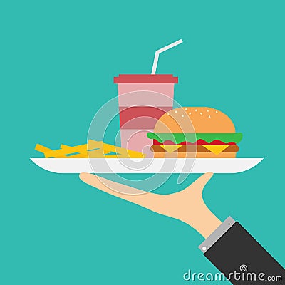 Waiter hand holding tray of fast food Vector Illustration