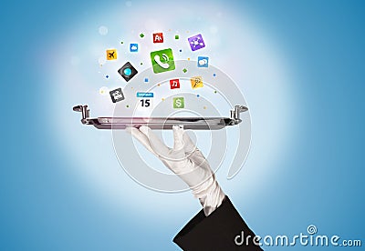 Waiter hand holding tray with icons Stock Photo