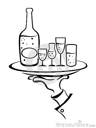 Waiter Hand Holds Wine Tray Vector Illustration