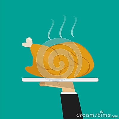 Waiter hand serving Roasted chicken on plate Vector Illustration