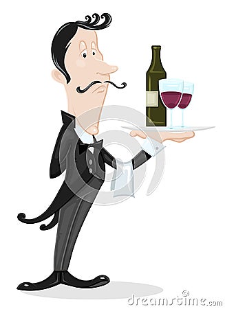 Waiter holding a tray with a bottle of wine Vector Illustration