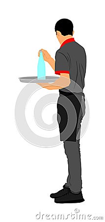 Waiter holding tray with order drinks for guests vector. Servant in restaurant taking orders. Worker in pub serve food. Cartoon Illustration